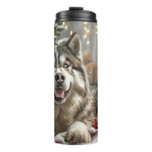 Alaskan Malamute Hond Kerstfeest Thermosbeker