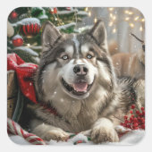 Alaskan Malamute Hond Kerstfeest Vierkante Sticker (Voorkant)