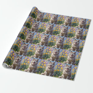 Alaskan Malamute hond lente bloemen schilderij Cadeaupapier