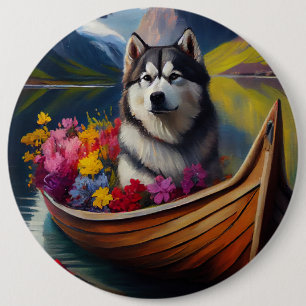 Alaskan Malamute-hond op peddel: Een landschappeli Ronde Button 6,0 Cm