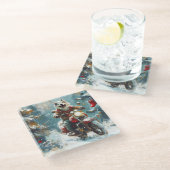 Alaskan Malamute Hond Rijden Motorfiets Kerstmis Glazen Onderzetter (Schuin)