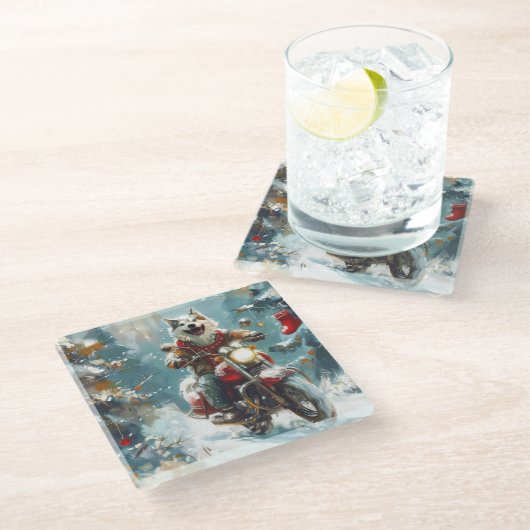 Alaskan Malamute Hond Rijden Motorfiets Kerstmis Glazen Onderzetter (Schuin)