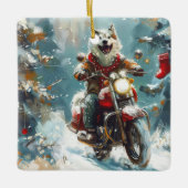 Alaskan Malamute Hond Rijden Motorfiets Kerstmis Keramisch Ornament (Voorkant)