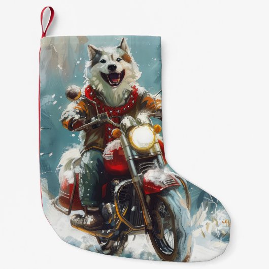 Alaskan Malamute Hond Rijden Motorfiets Kerstmis Kleine Kerstsok (Voorkant)