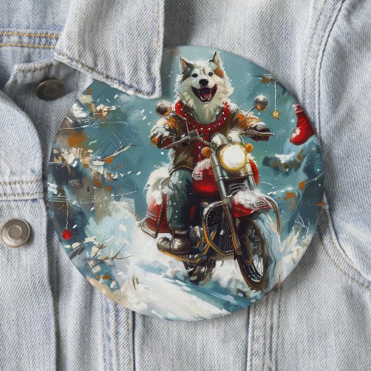 Alaskan Malamute Hond Rijden Motorfiets Kerstmis Ronde Button 6,0 Cm (In situ)
