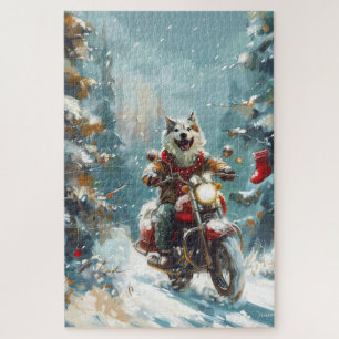 Alaskan Malamute-hond rijdt op motorfiets met Kers Legpuzzel