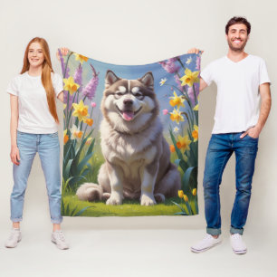 Alaskan Malamute Hond Voorjaarsbloemen Schilderij Fleece Deken