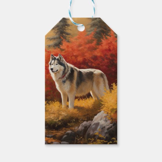 Alaskan Malamute in de herfst laat Herfst geïnspir Cadeaulabel (Voorkant)