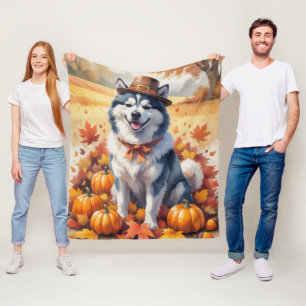 Alaskan Malamute in herfstbladeren Thanksgiving Ku Fleece Deken
