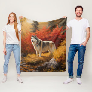 Alaskan Malamute  in herfstbladeren val geïnspiree Fleece Deken