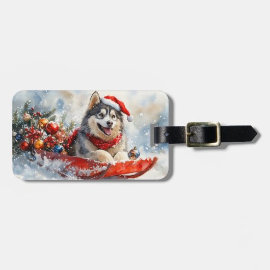 Alaskan Malamute in Sledge Laat het Sneeuw Kerstmi Bagagelabel (Voorkant horizontaal)