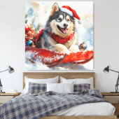 Alaskan Malamute in Sledge Laat het Sneeuw Kerstmi Canvas Afdruk (Insitu (Slaapkamer))