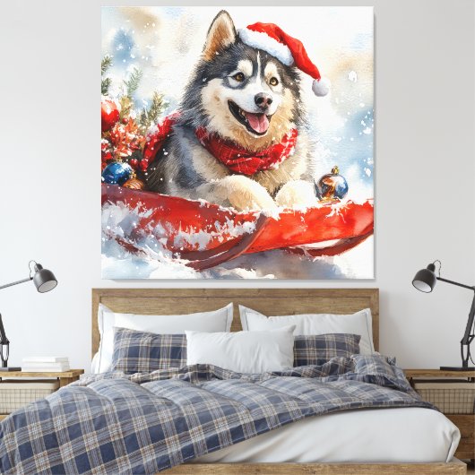 Alaskan Malamute in Sledge Laat het Sneeuw Kerstmi Canvas Afdruk (Insitu (Slaapkamer))