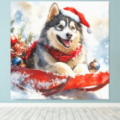 Alaskan Malamute in Sledge Laat het Sneeuw Kerstmi Canvas Afdruk (Insitu (Houten vloer))