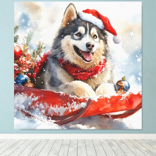 Alaskan Malamute in Sledge Laat het Sneeuw Kerstmi Canvas Afdruk (Insitu (Houten vloer))