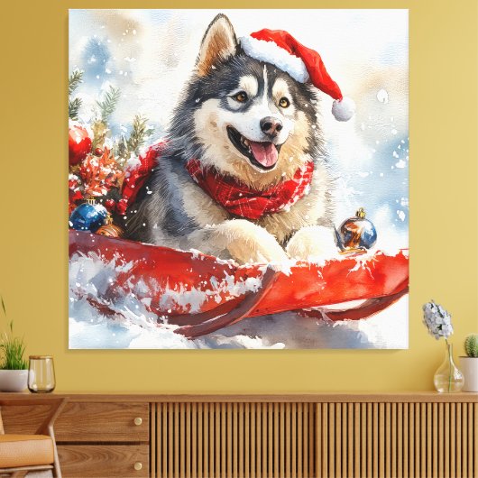 Alaskan Malamute in Sledge Laat het Sneeuw Kerstmi Canvas Afdruk (Insitu (Woonkamer))