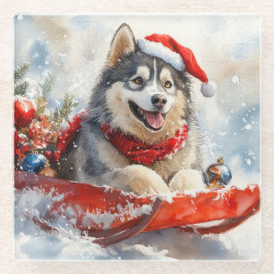 Alaskan Malamute in Sledge Laat het Sneeuw Kerstmi Glazen Onderzetter