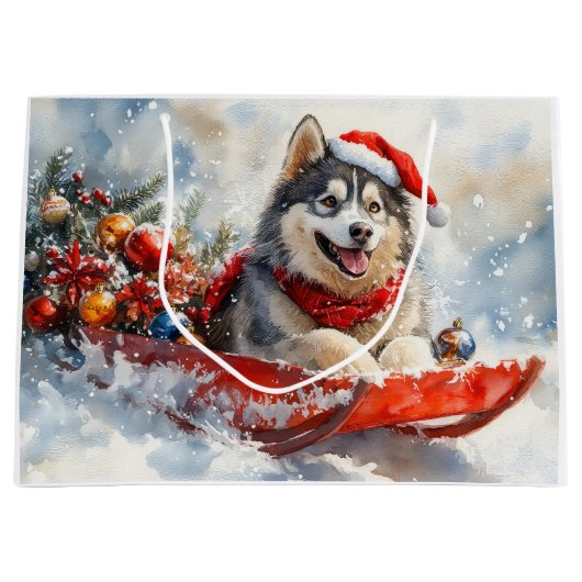Alaskan Malamute in Sledge Laat het Sneeuw Kerstmi Groot Cadeauzakje (Voorkant)