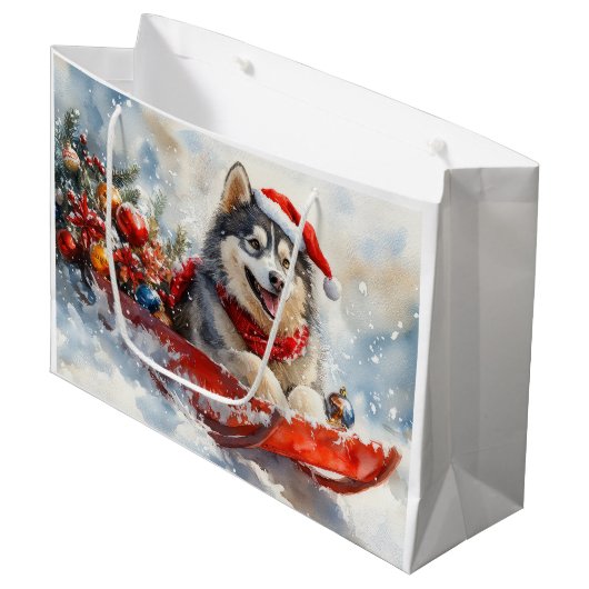 Alaskan Malamute in Sledge Laat het Sneeuw Kerstmi Groot Cadeauzakje (Voorkant Gekanteld)