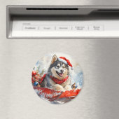Alaskan Malamute in Sledge Laat het Sneeuw Kerstmi Magneet (Insitu (Vaatwasser))