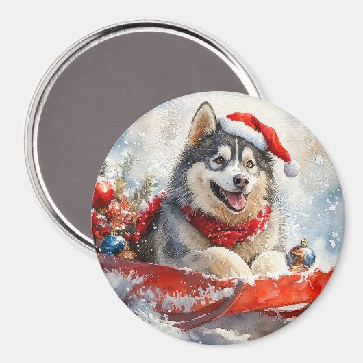 Alaskan Malamute in Sledge Laat het Sneeuw Kerstmi Magneet (Voorkant / Achterkant)