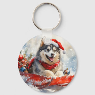 Alaskan Malamute in slee Let it Snow Kerstmis Sleutelhanger