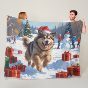 Alaskan Malamute Kerst Feestelijke Sneeuwscène Fleece Deken