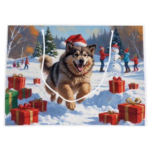Alaskan Malamute Kerst Feestelijke Sneeuwscène Groot Cadeauzakje (Voorkant)
