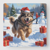 Alaskan Malamute Kerst Feestelijke Sneeuwscène Vierkante Klok (Voorkant)