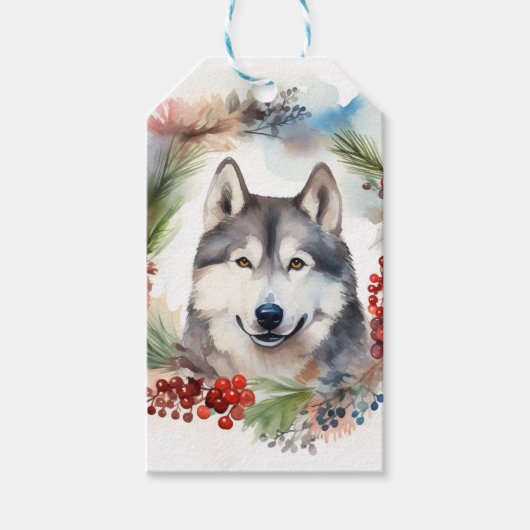 Alaskan Malamute Kerstkrans feestelijke pup Cadeaulabel (Voorkant)