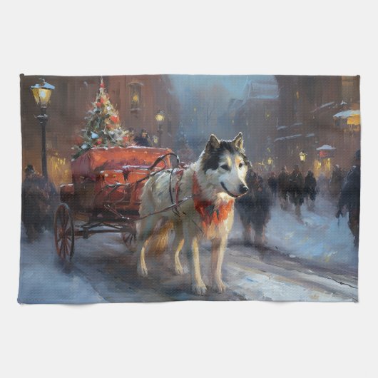 Alaskan Malamute Kerstmis Feestelijk Seizoen Theedoek (Horizontaal)