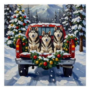 Alaskan Malamute Kerstmis Rode Truck Vakantie Perfect Poster
