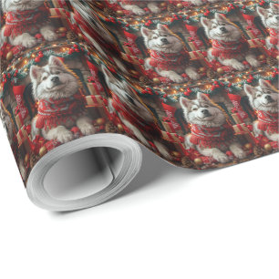 Alaskan Malamute met kerstcadeaus open haard Cadeaupapier