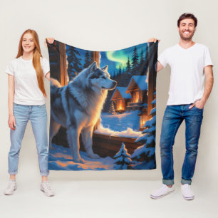 Alaskan Malamute met kerstverlichting Vakantie Fleece Deken