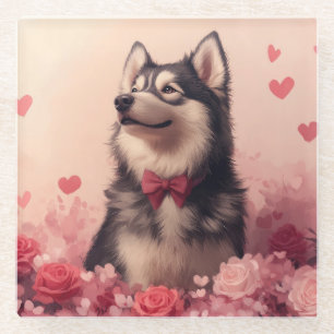Alaskan Malamute met Rozen - Valentijnsdag Glazen Onderzetter