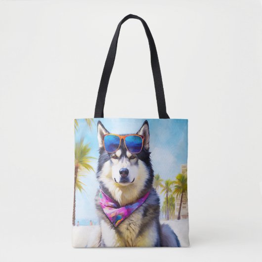 Alaskan Malamute op Beach, zomercadeau Draagtas (Voorkant)