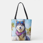 Alaskan Malamute op Beach, zomercadeau Draagtas (Achterkant)