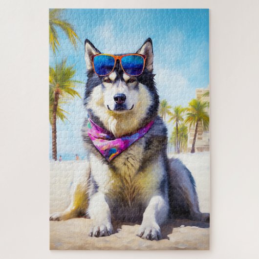 Alaskan Malamute op Beach, zomercadeau Legpuzzel (Verticaal)