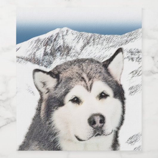 Alaskan Malamute Painting - Cute Original Dog Art Wijn Etiket (Enkel label)