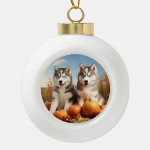 Alaskan Malamute Puppy Herfst Delight Pompoen Keramische Bal Ornament