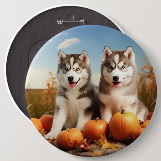 Alaskan Malamute Puppy Herfst Delight Pompoen Ronde Button 6,0 Cm (Voorkant /achterkant)
