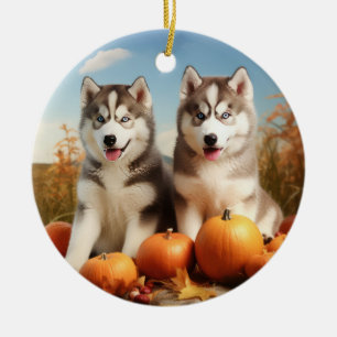 Alaskan Malamute Puppy Herfstvreugde Pompoen Keramisch Ornament