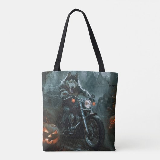 Alaskan Malamute Riding Motorcycle Halloween Eng Draagtas (Achterkant)