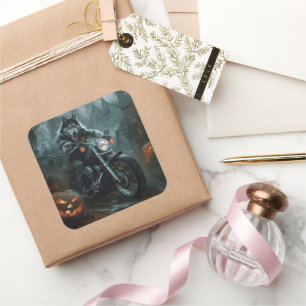 Alaskan Malamute Riding Motorcycle Halloween Eng Vierkante Sticker