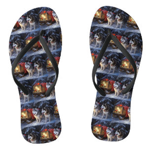 Alaskan Malamute Sneeuw slee rit Kerstmis Teenslippers