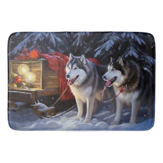 Alaskan Malamute Snowy Sleigh Ride Kerstmis Badmat (Voorkant)