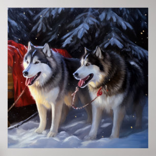 Alaskan Malamute Snowy Sleigh Ride Kerstmis Poster