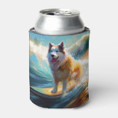 Alaskan Malamute Strand Surfen Schilderij Blikjeskoeler (Blikje Voorkant)