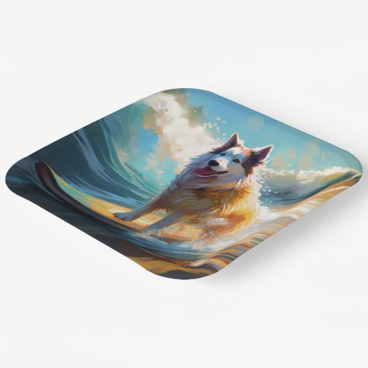 Alaskan Malamute Strand Surfen Schilderij Papieren Bordje (Gebogen)