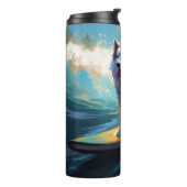 Alaskan Malamute strand surfen schilderij Thermosbeker (Gedraaid links)